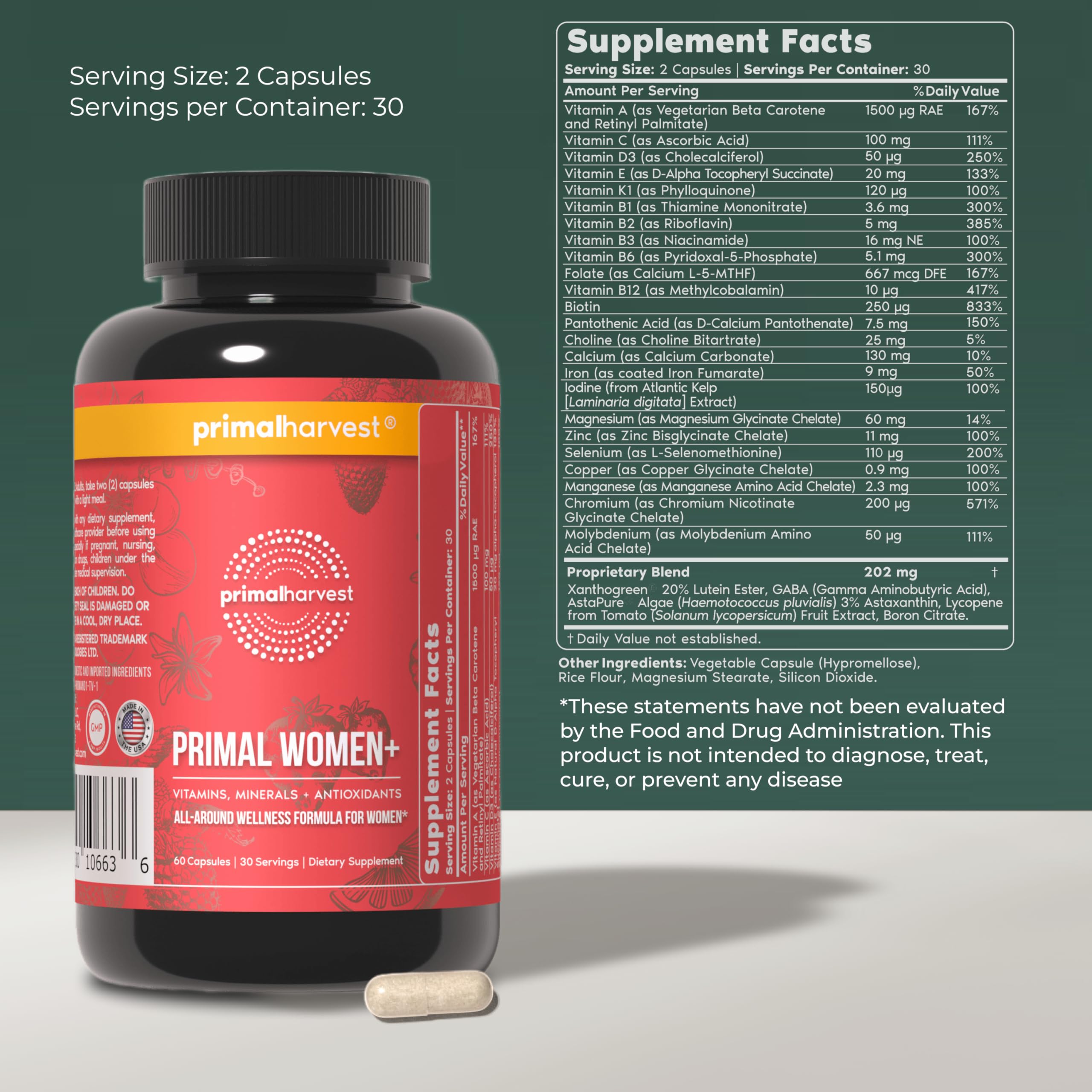 Primal Harvest frasco abierto con cápsulas para 30 días de uso