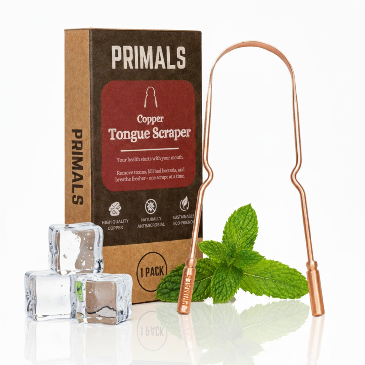 PRIMALS raspador de lengua frontal mostrando acabado pulido y frescura inmediata