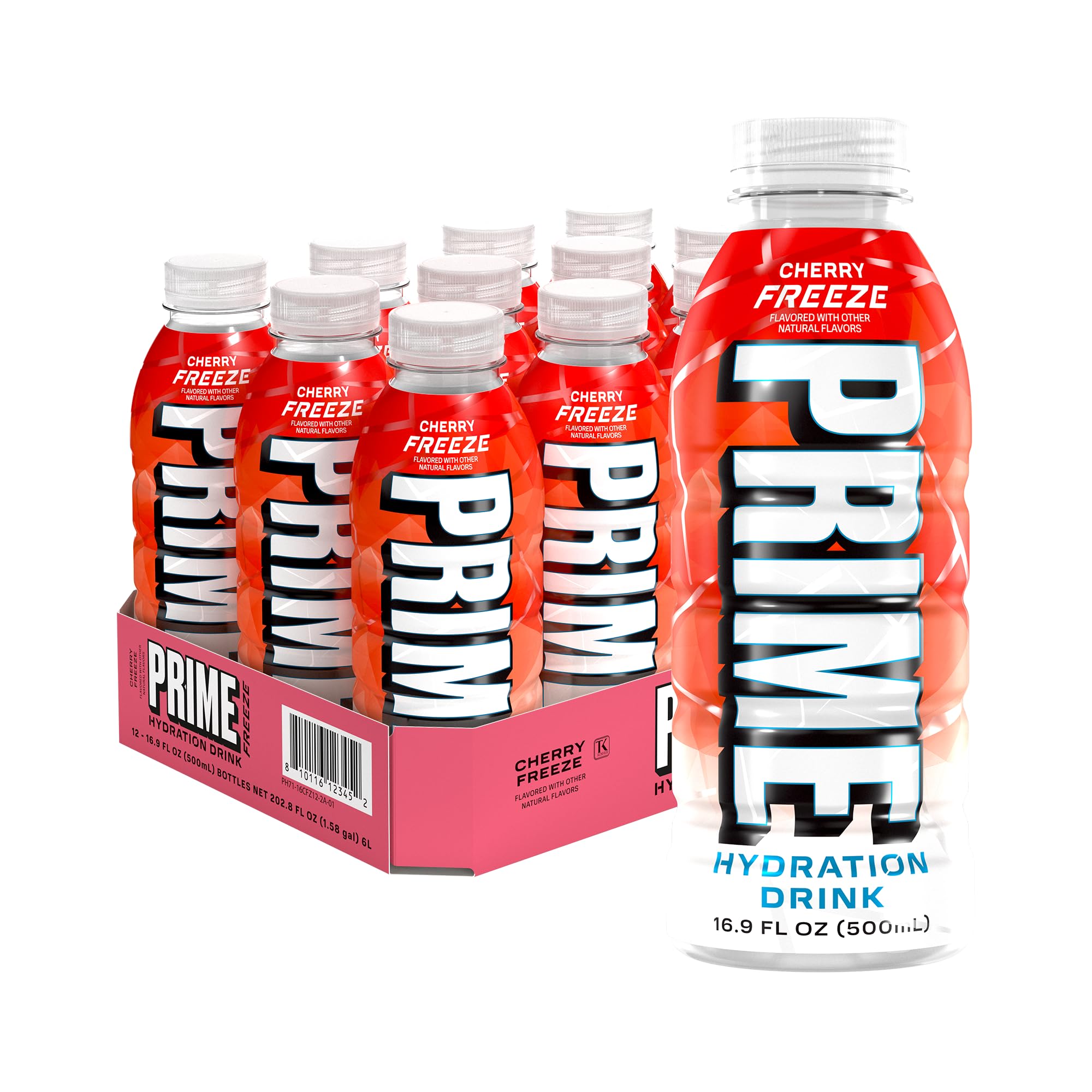 PRIME HYDRATION frontal de botella mostrando etiqueta y sabor Cherry Freeze, refresco visual