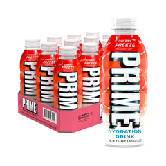 PRIME HYDRATION frontal de botella mostrando etiqueta y sabor Cherry Freeze, refresco visual