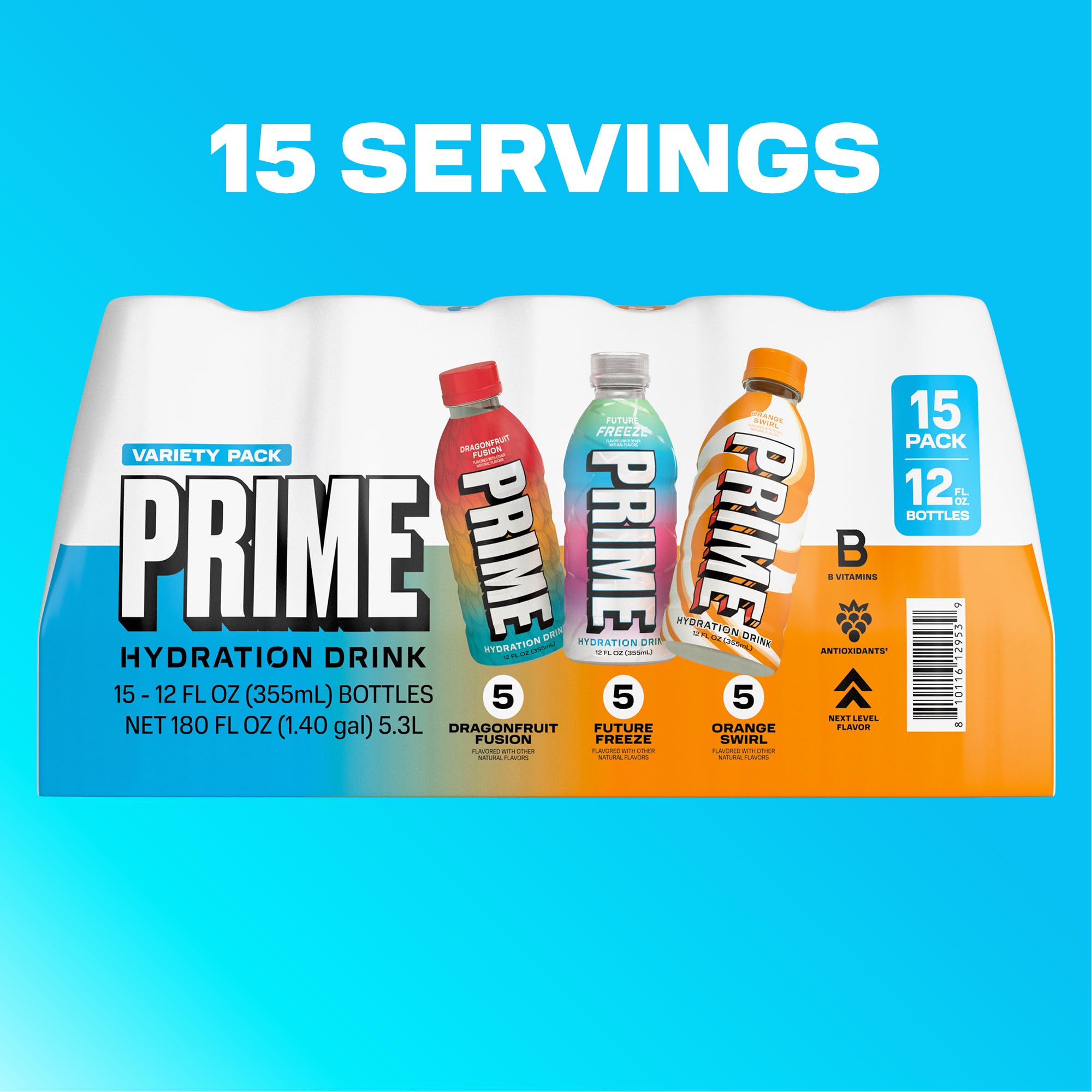 PRIME HYDRATION junto a una regla para mostrar tamaño de 12 fl oz por lata