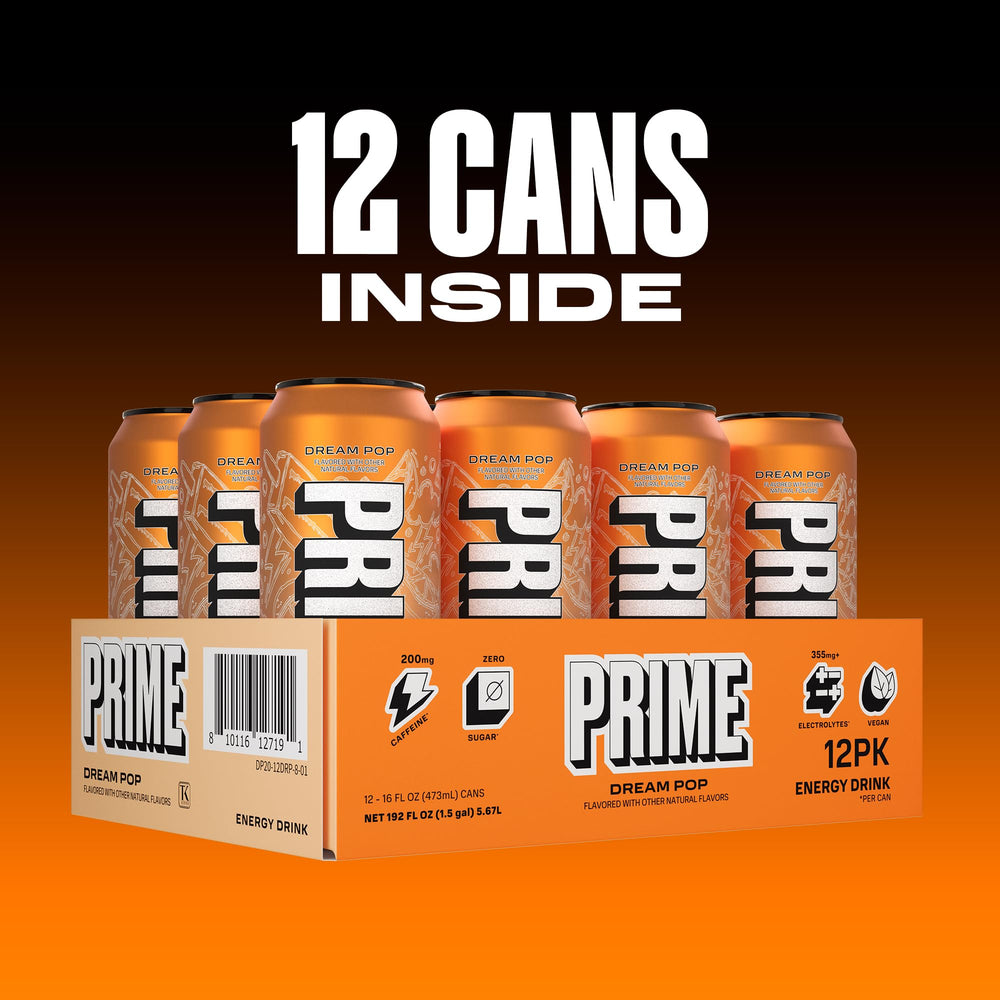 PRIME HYDRATION pack de 12 latas DREAMPOP presentación para almacenamiento