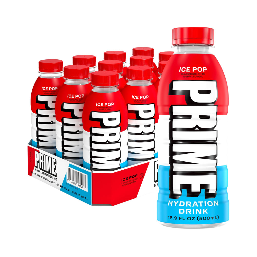 PRIME HYDRATION botella frontal Ice Pop mostrando diseño y beneficios