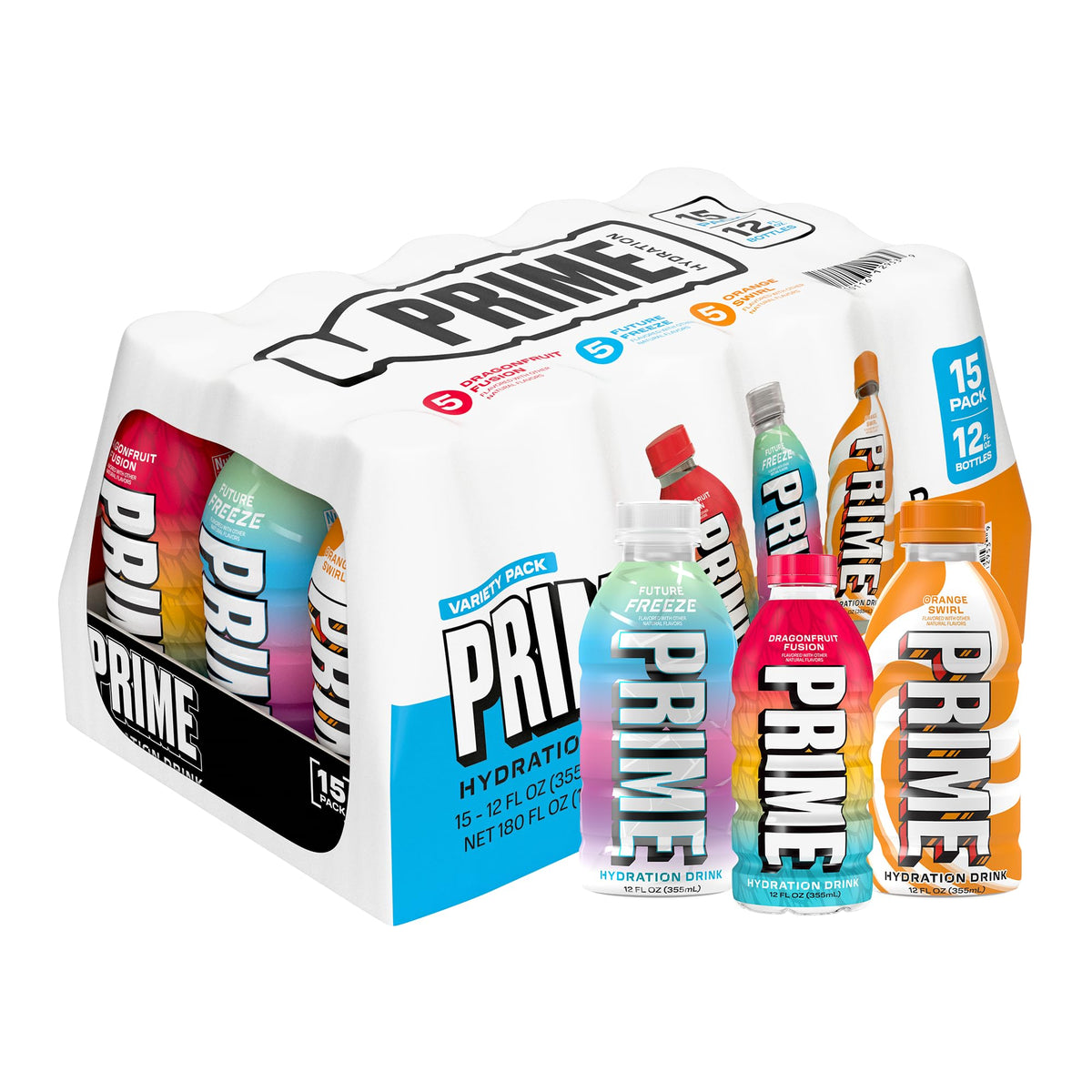 PRIME HYDRATION pack frontal mostrando las 15 latas y variedad de sabores, refresco funcional
