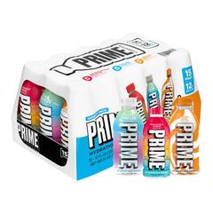 PRIME HYDRATION pack frontal mostrando las 15 latas y variedad de sabores, refresco funcional