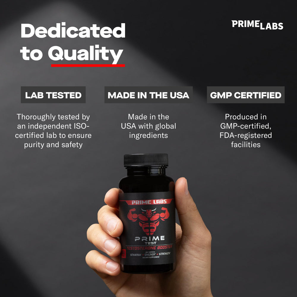 Prime Labs caplets next to a water glass showing recommended consumption