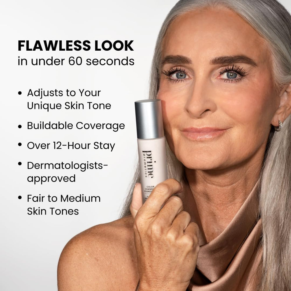 Prime Prometics before and after on mature skin, showing softened discoloration and even tone