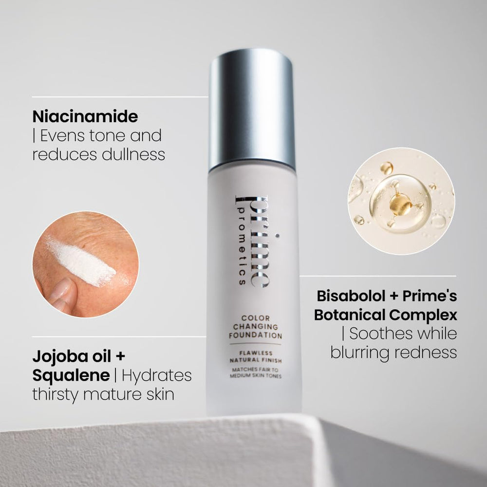 Prime Prometics pumped foundation droplet on white surface, showing controlled dispense and consistency