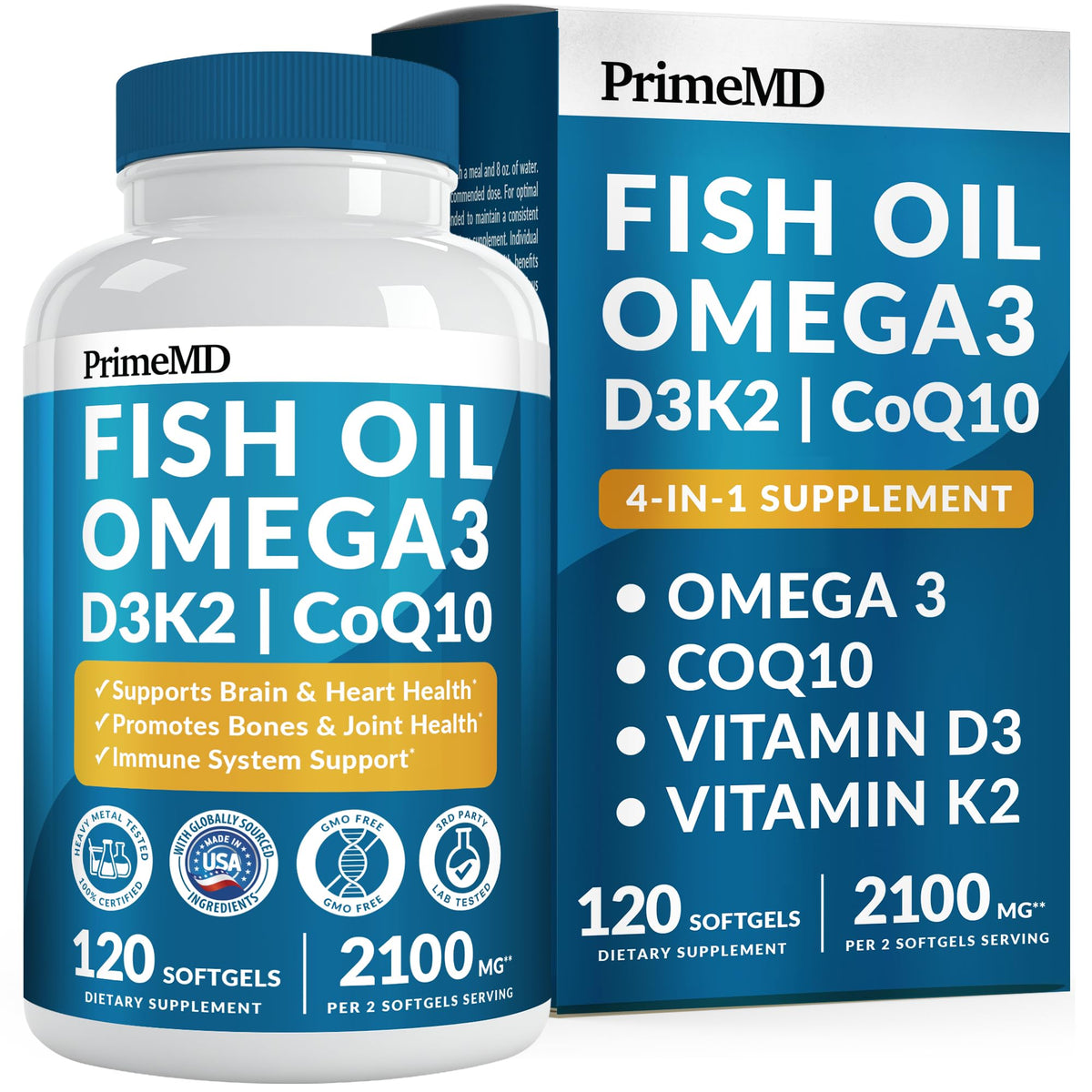 PrimeMD envase frontal mostrando 120 softgels y beneficios en etiqueta
