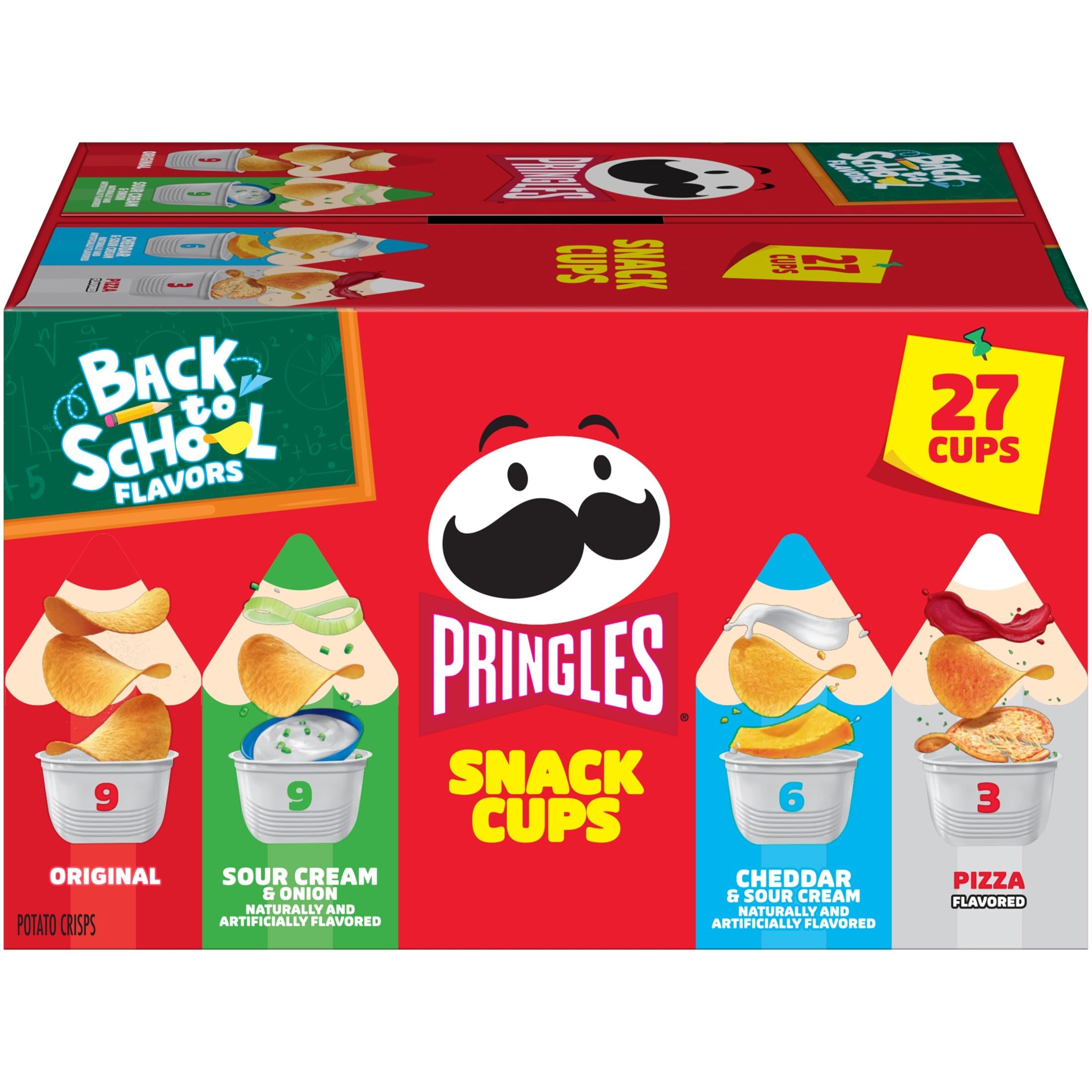 Pringles frente del empaque mostrando las 27 porciones y beneficios portátiles