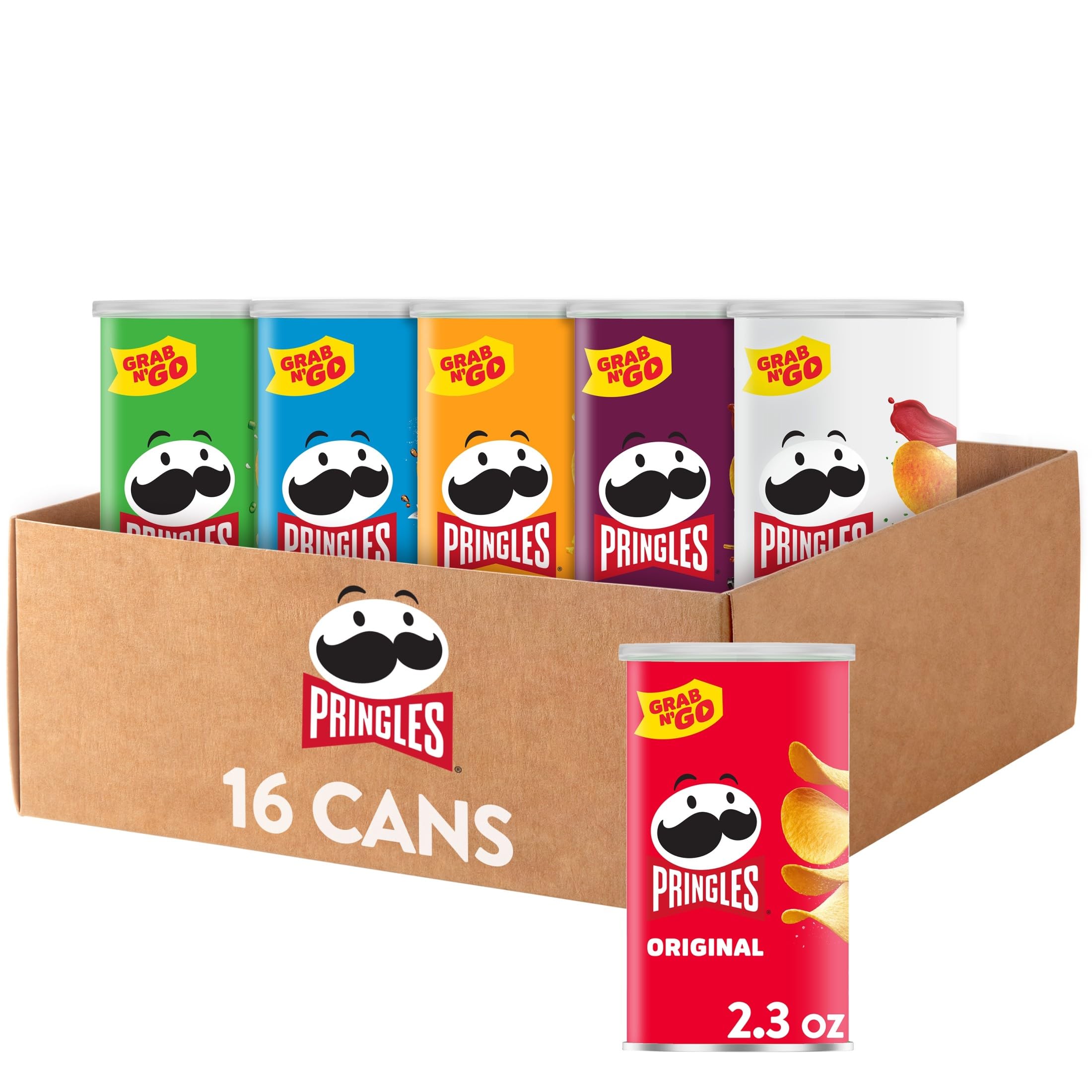 Pringles pack variedad frente que muestra las 16 latas y opciones de sabor