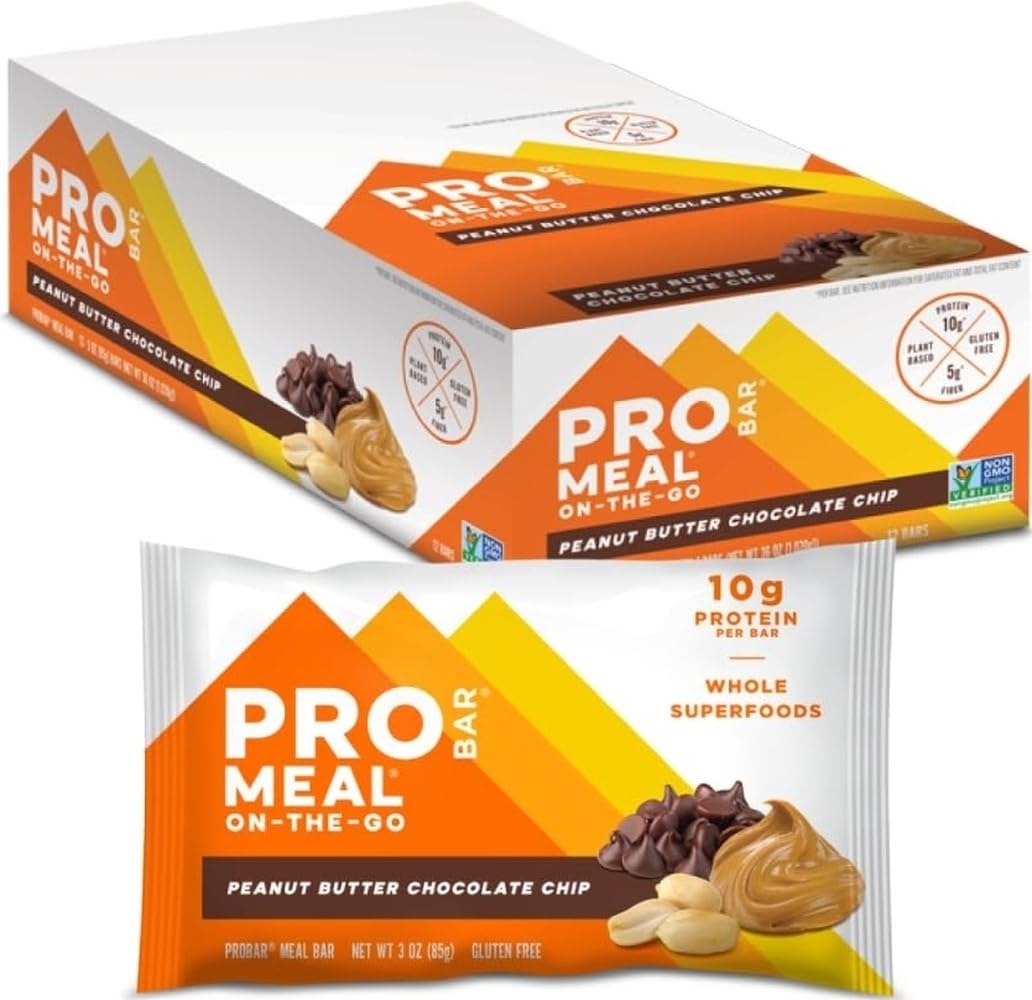 PROBAR barra presentación frontal mostrando envase y sabor Peanut Butter Chocolate Chip para consumo rápido