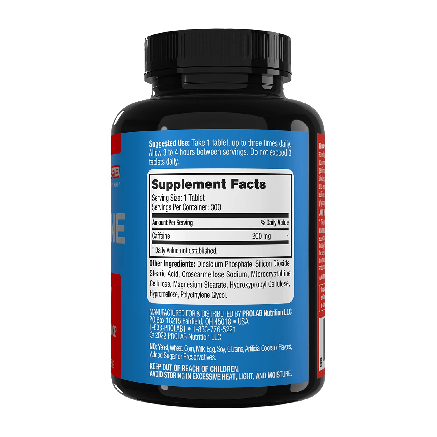 ProLab Caffeine etiqueta con información del contenido y 200 mg por tableta