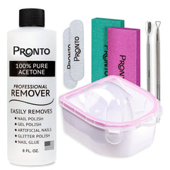 Pronto frente del kit mostrando la acetona y herramientas para una manicura completa