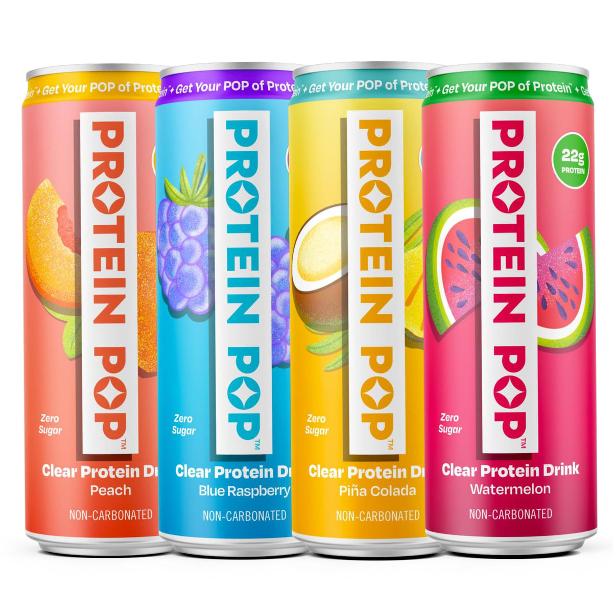 PROTEIN POP vista frontal de lata que muestra diseño y proteína lista