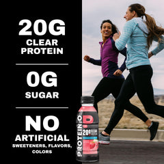 Protein2o botella en mano en gimnasio para hidratación y recuperación rápida