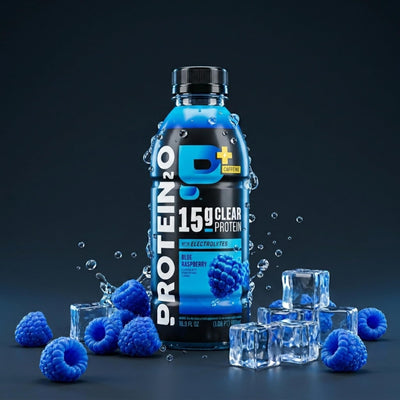 Person holding Protein2o bottle showing portable 16.9 oz size