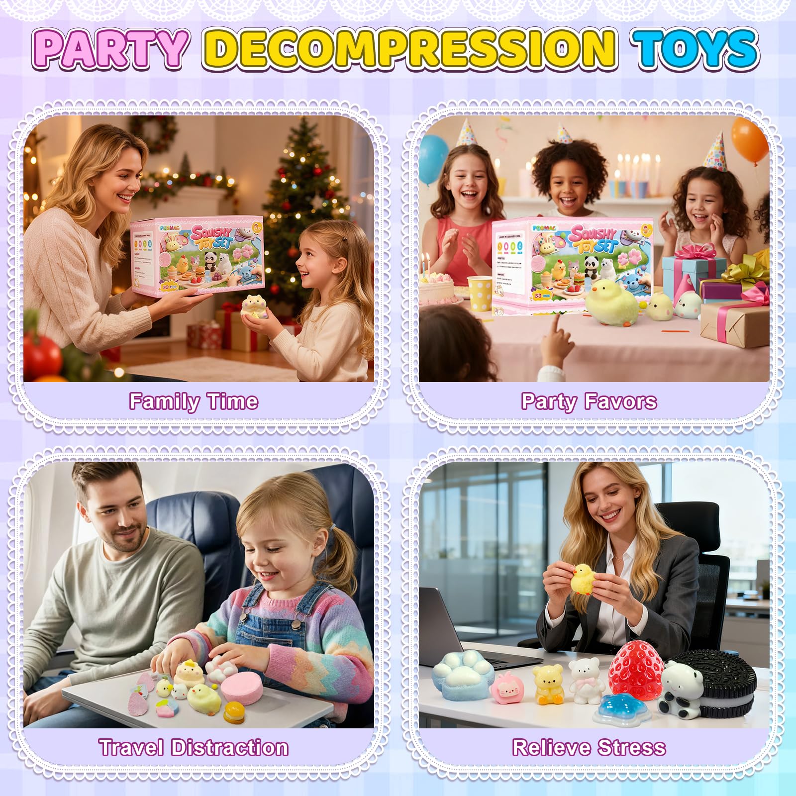 PSBMAC caja de regalo abierta con squishies en paquetes individuales, lista para regalar