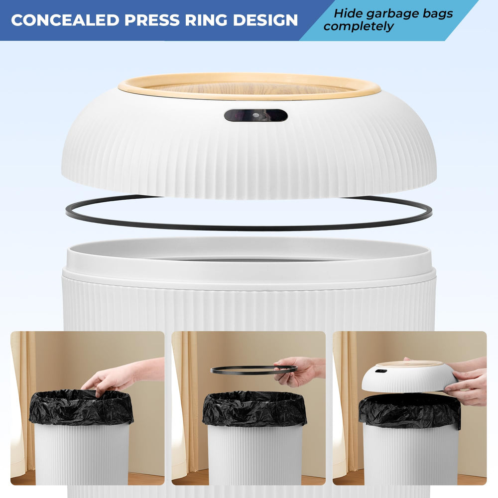 Pukomc lid open with hands present demonstrating touchless convenience