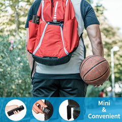 Pumteck in use on basketball illustrating quick inflation and hands-free automatic stop advantage