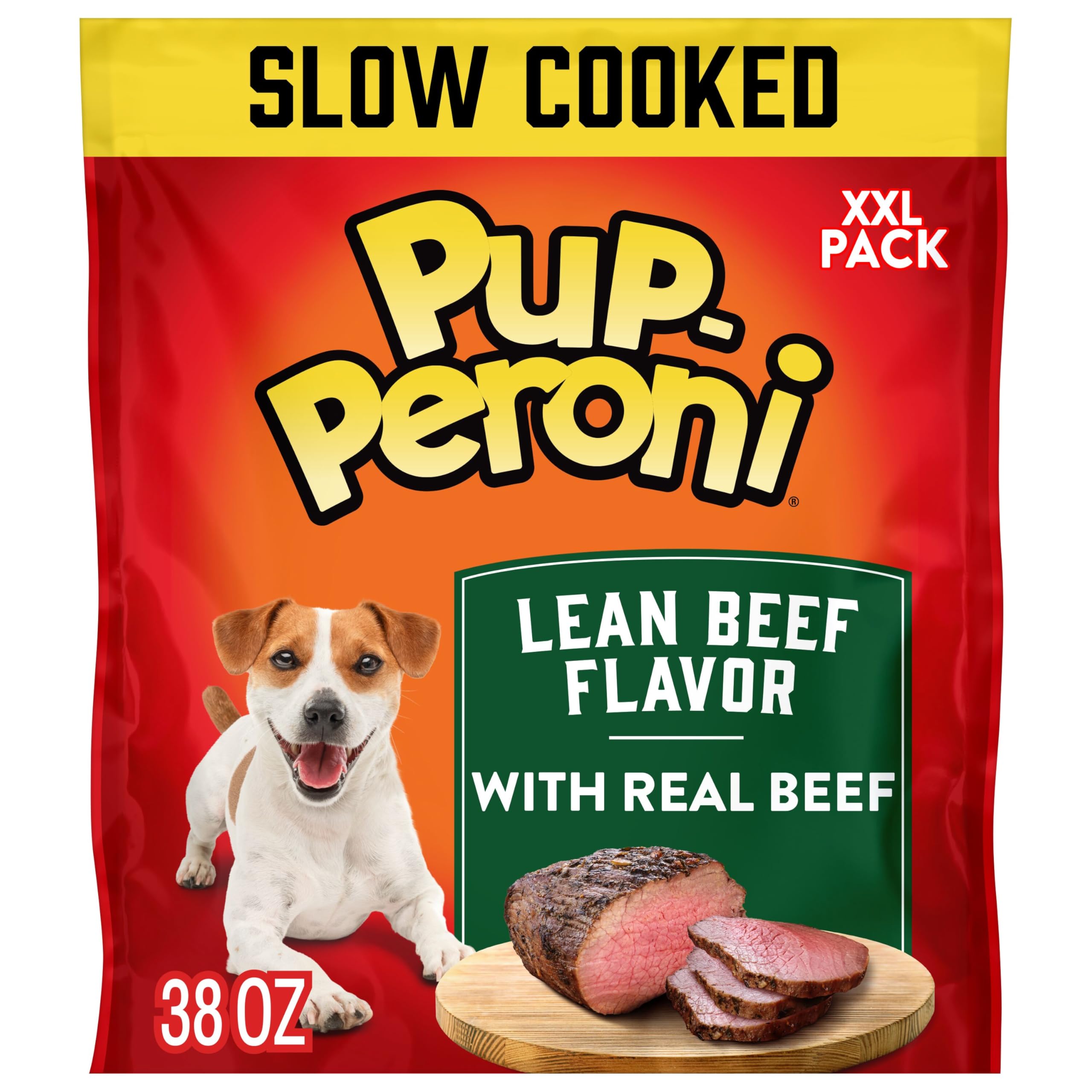 Pup-Peroni frente del empaque mostrando bolsa grande y beneficios