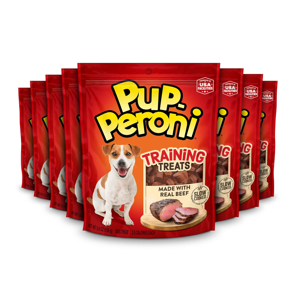 Pup-Peroni frente del empaque mostrando ocho bolsas y beneficio conveniencia
