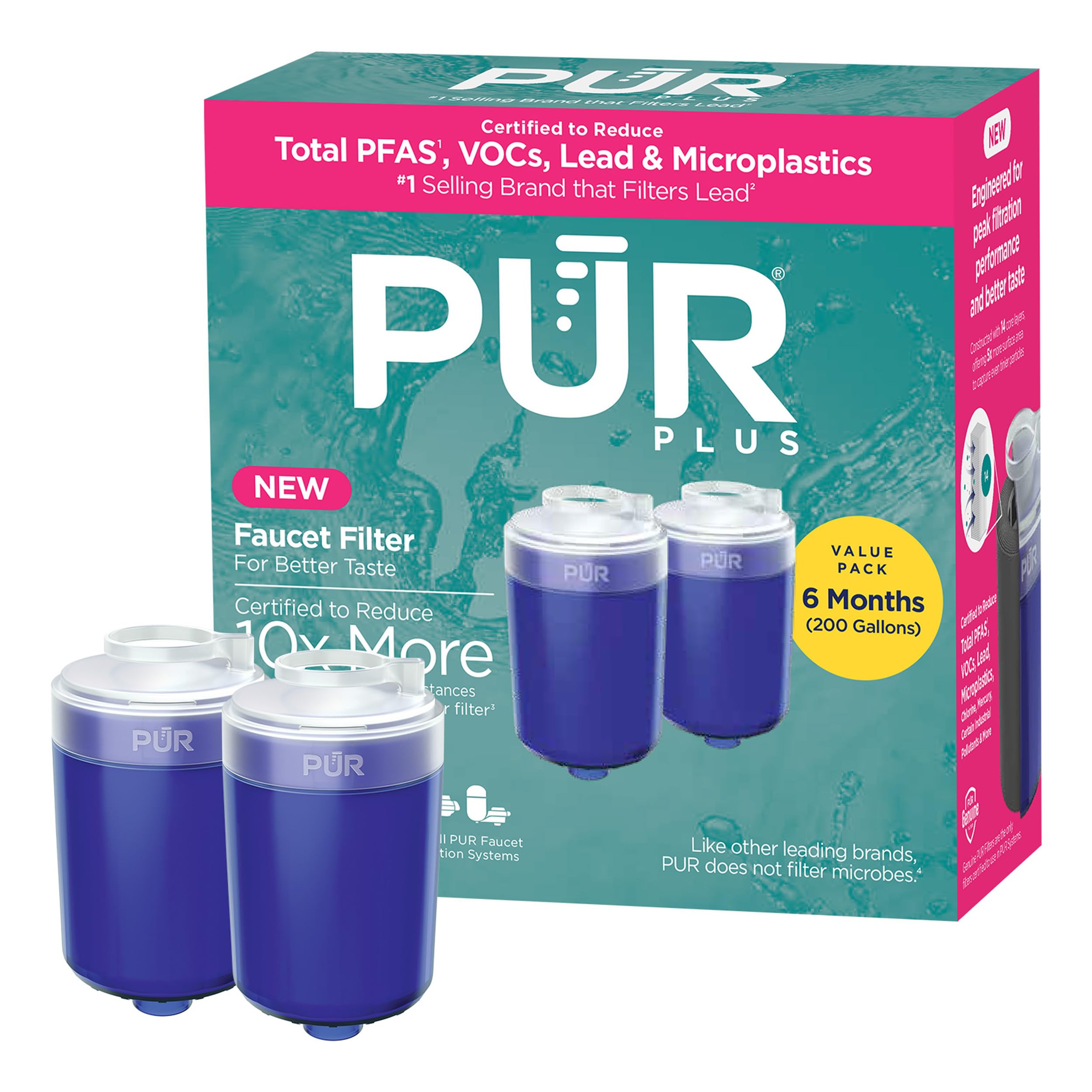 PUR filtro frontal envasado mostrando cartuchos genuinos y beneficio de filtración segura