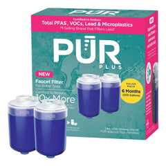 PUR filtro frontal envasado mostrando cartuchos genuinos y beneficio de filtración segura