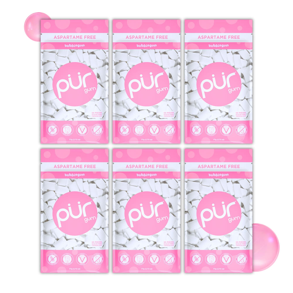 PUR Gum front packaging showing bubblegum flavor and 6x55 count, convenient bulk supply