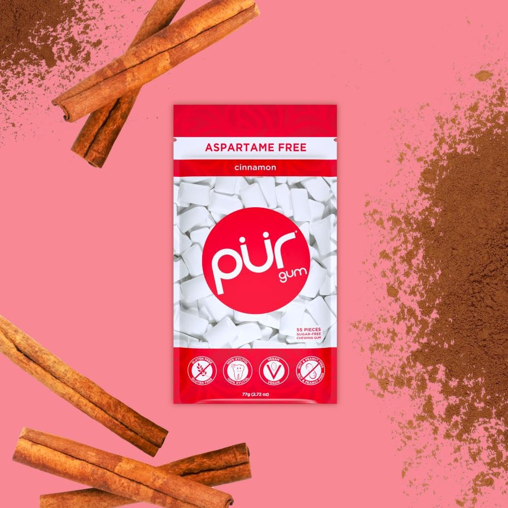PUR Gum cinnamon close-up of a single piece highlighting bold texture and flavor
