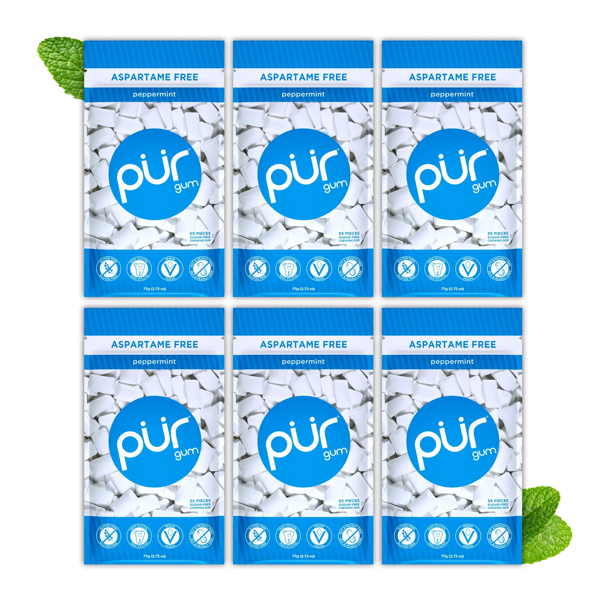 PUR Gum front packaging showing 6 resealable peppermint bags for easy freshness