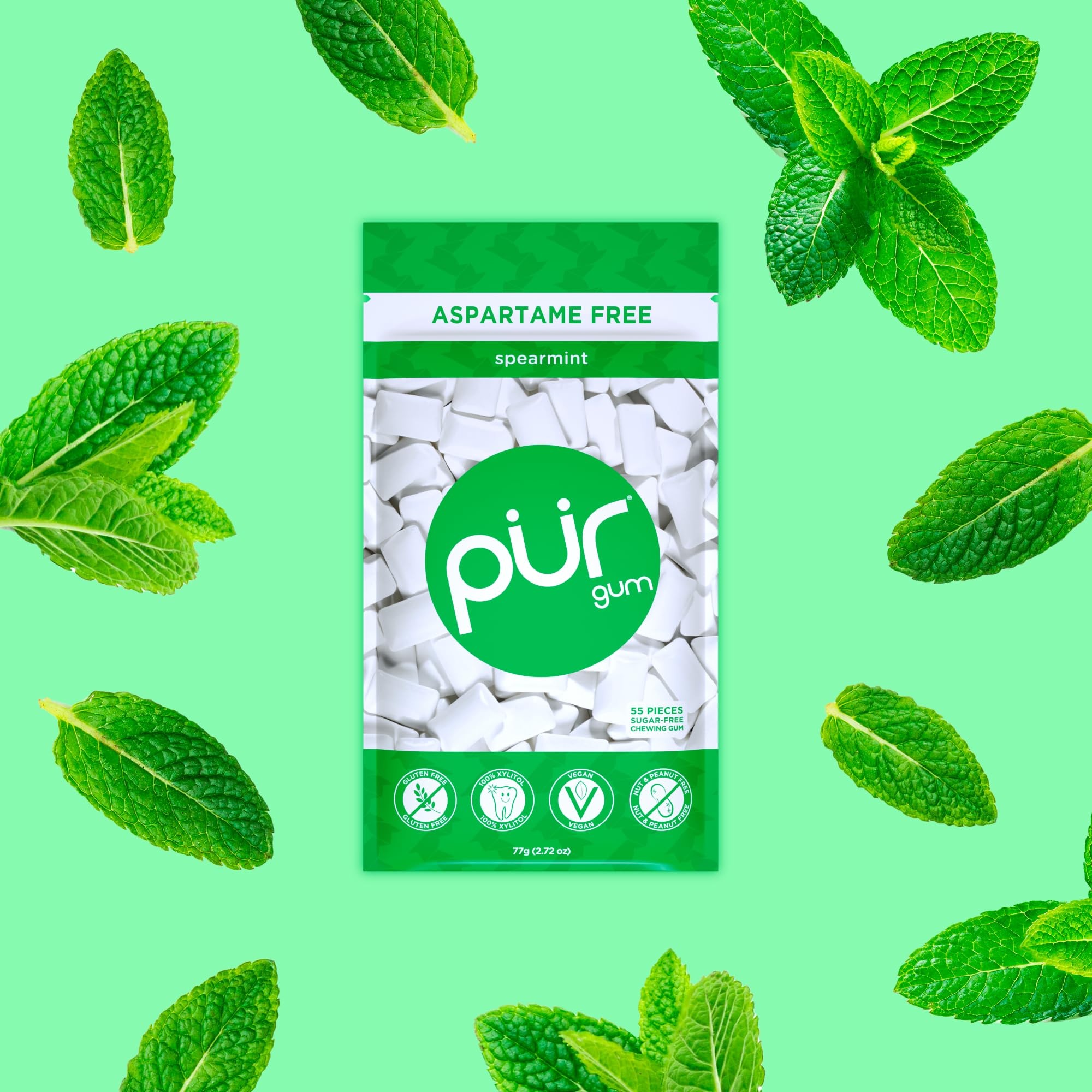 PUR Gum close-up of individual spearmint piece showing texture and chew appeal