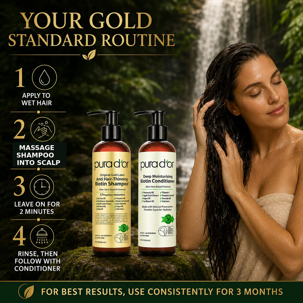 PURA D'OR ambientación de baño con el set transmitiendo cuidado capilar premium