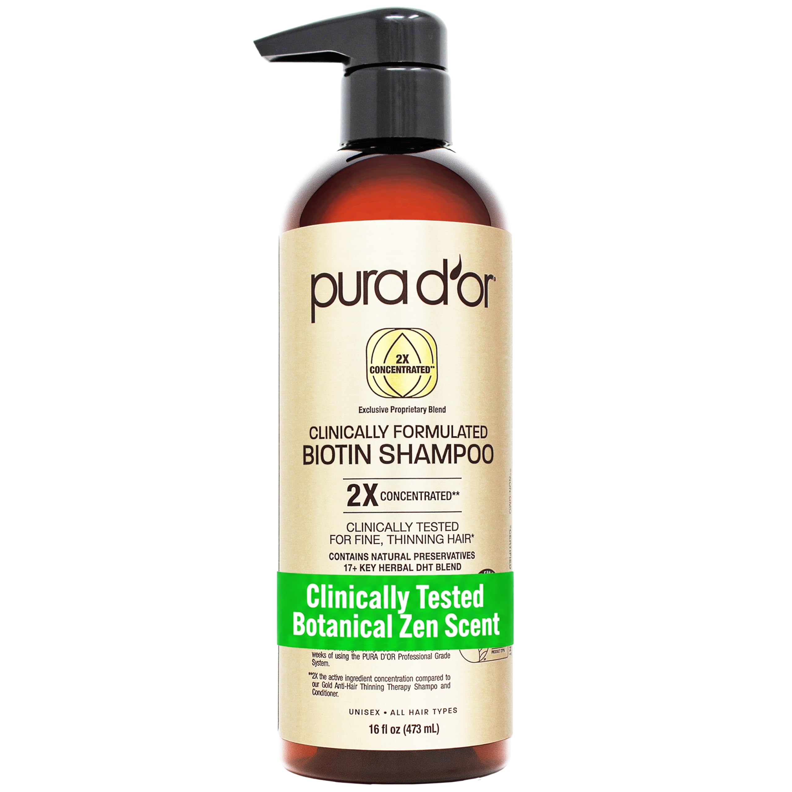 PURA D'OR front bottle showing label and benefits clearly
