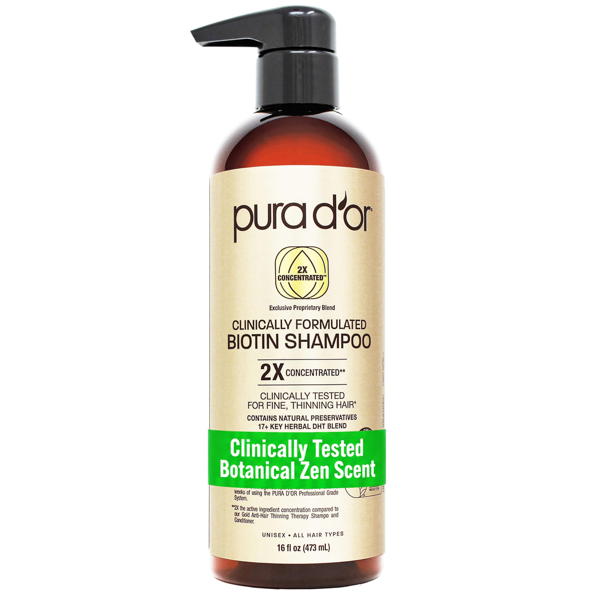 PURA D'OR front bottle showing label and benefits clearly
