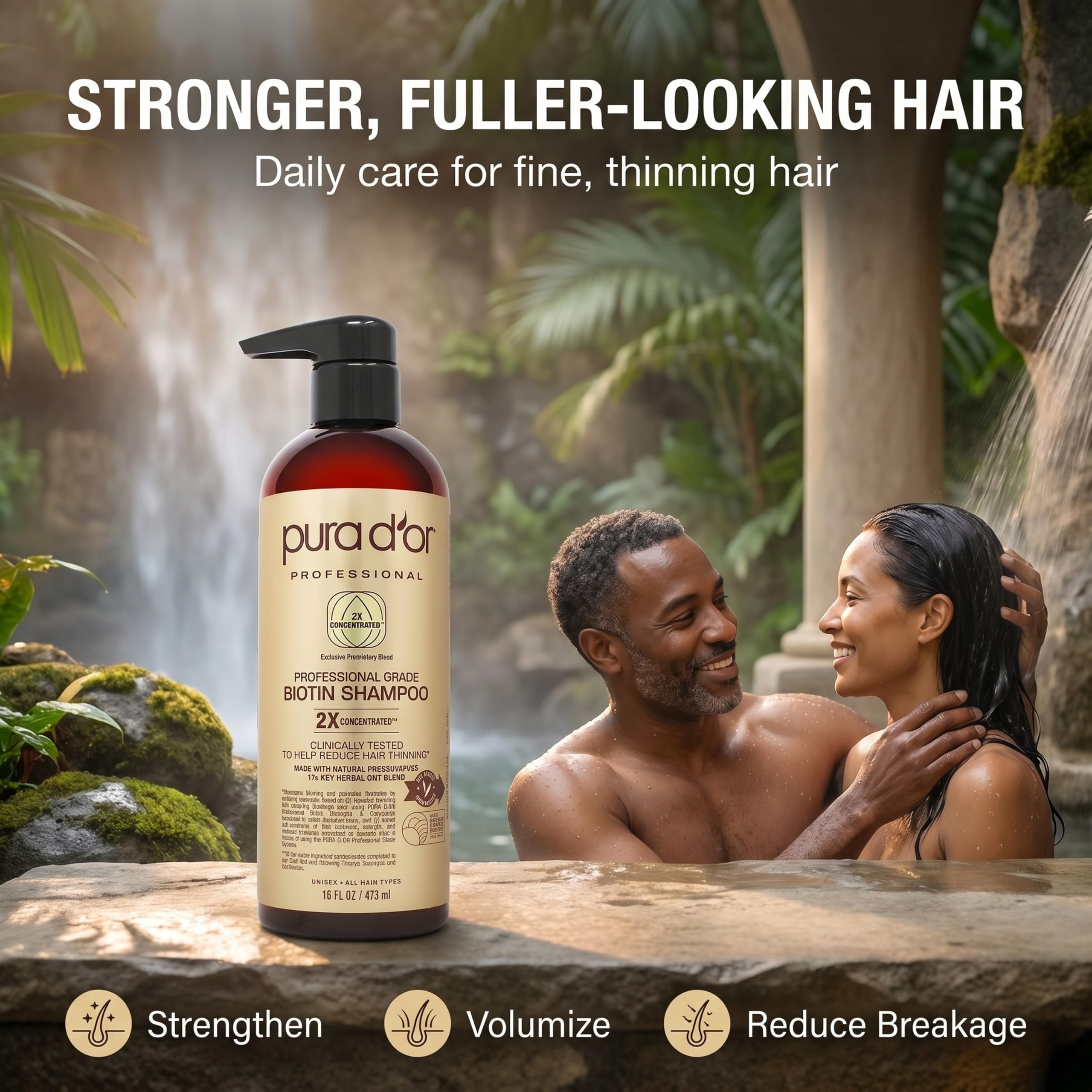 PURA D'OR shampoo in use in shower delivering daily nourishment