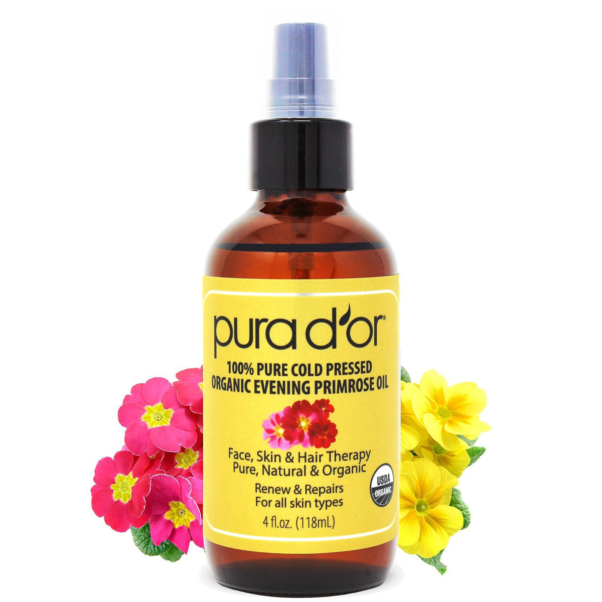PURA D'OR botella frontal mostrando envase y beneficios naturales