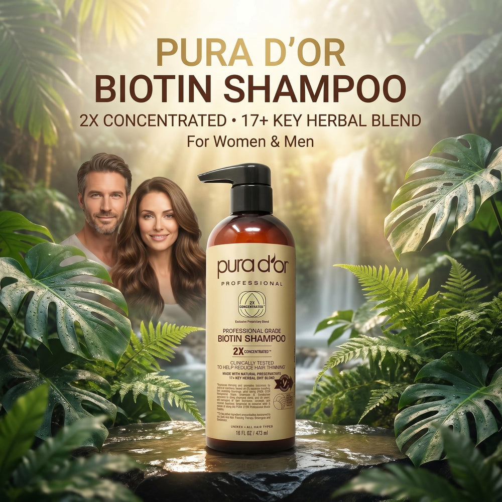 PURA D'OR pump and label close-up highlighting active ingredients