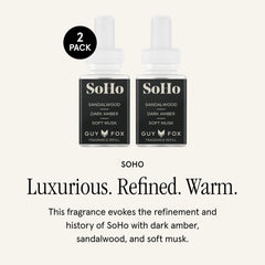Detalle de etiqueta Pura x GUY FOX SoHo mostrando notas aromáticas y marca