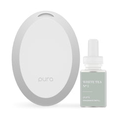 Pura mini front view showing compact diffuser and White Tea scent benefit