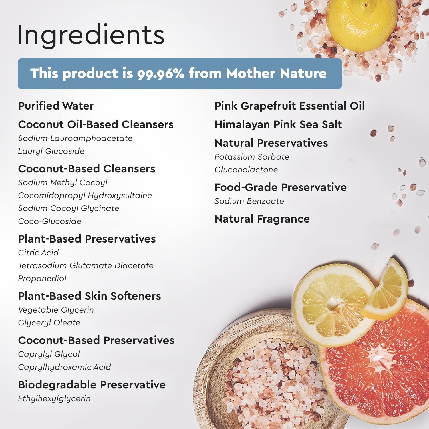 Puracy ingredientes clave como cocoilglicinato y extractos vegetales, enfatiza origen natural