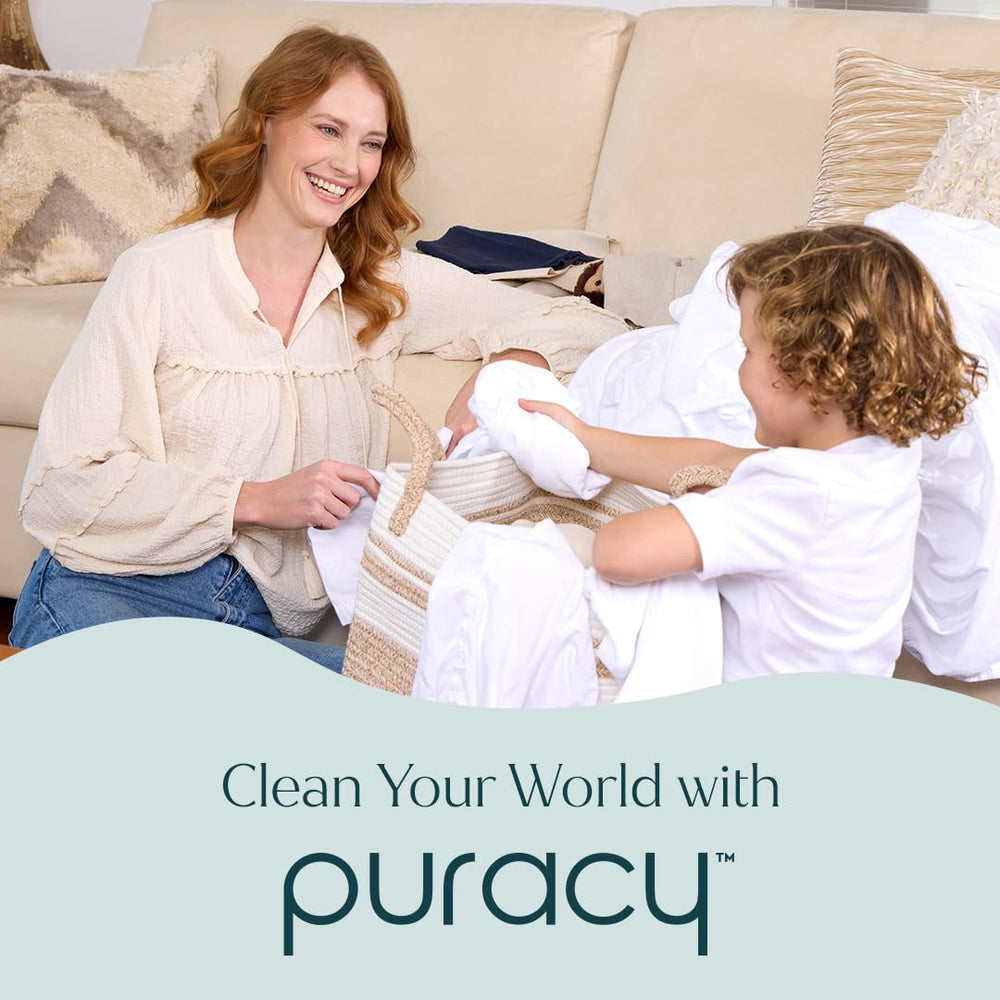 Family doing laundry with Puracy showing safe home-friendly cleaning