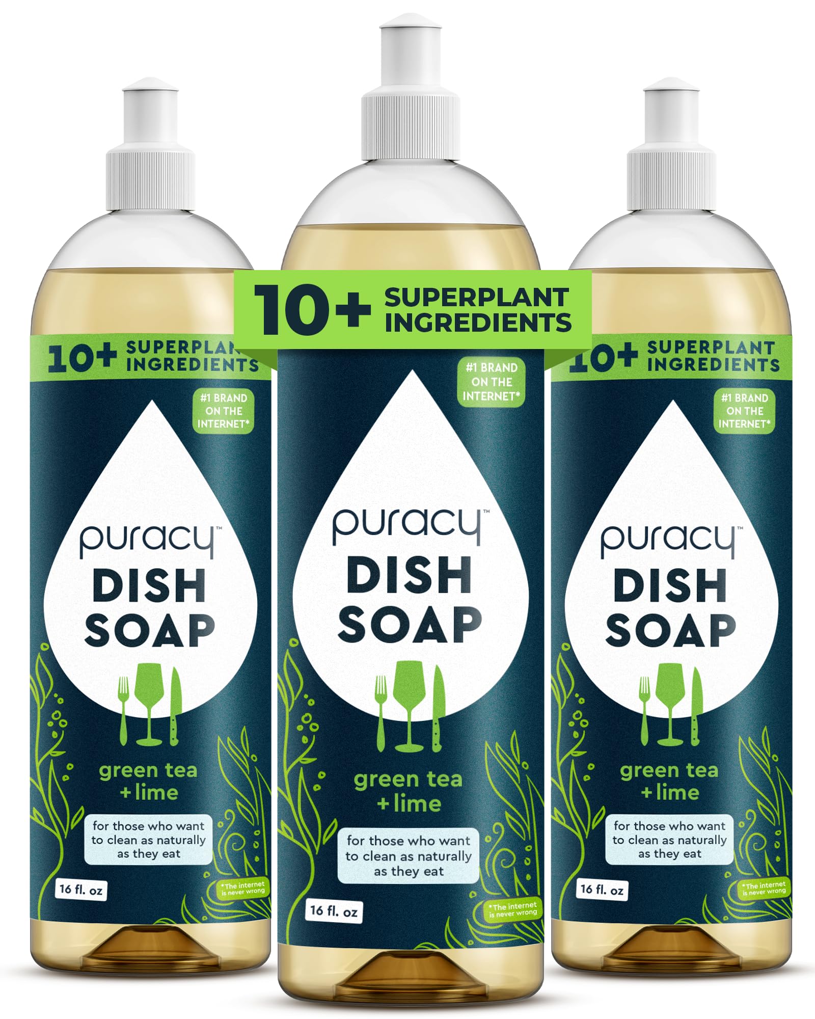 Puracy botella frontal Green Tea & Lime mostrando etiqueta clara y beneficios
