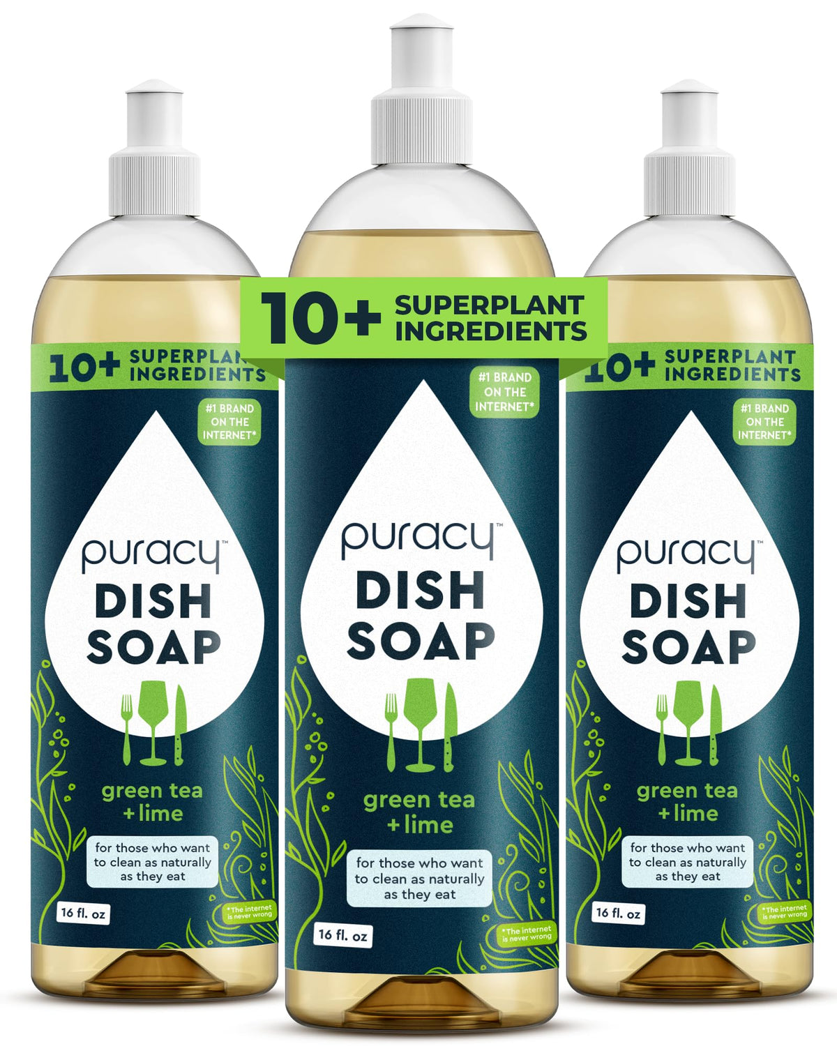 Puracy botella frontal Green Tea & Lime mostrando etiqueta clara y beneficios