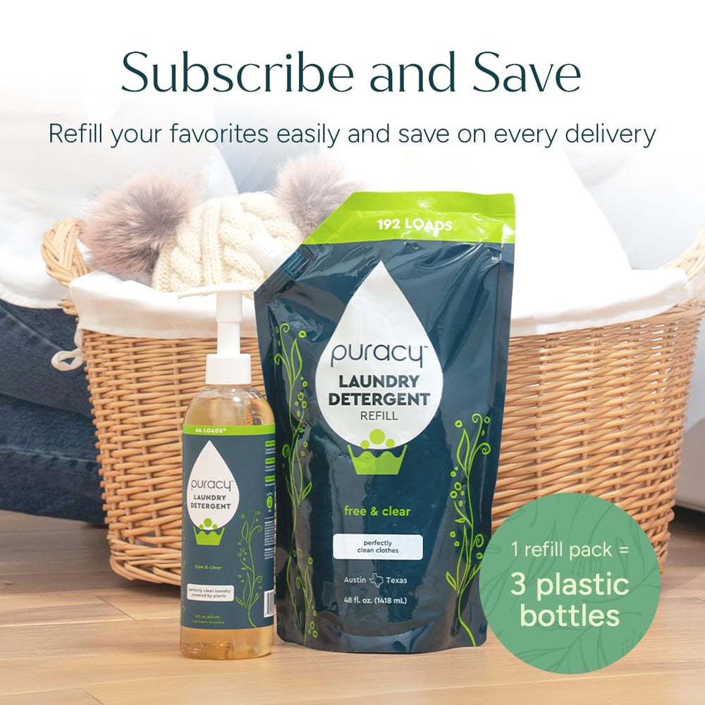 Refill bottle beside washer showing Puracy waste-reducing convenience