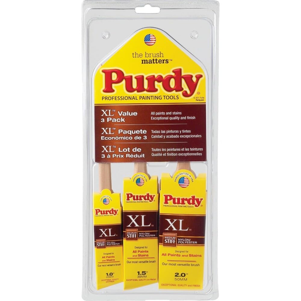 Purdy pack frontal mostrando las tres brochas, máxima versatilidad