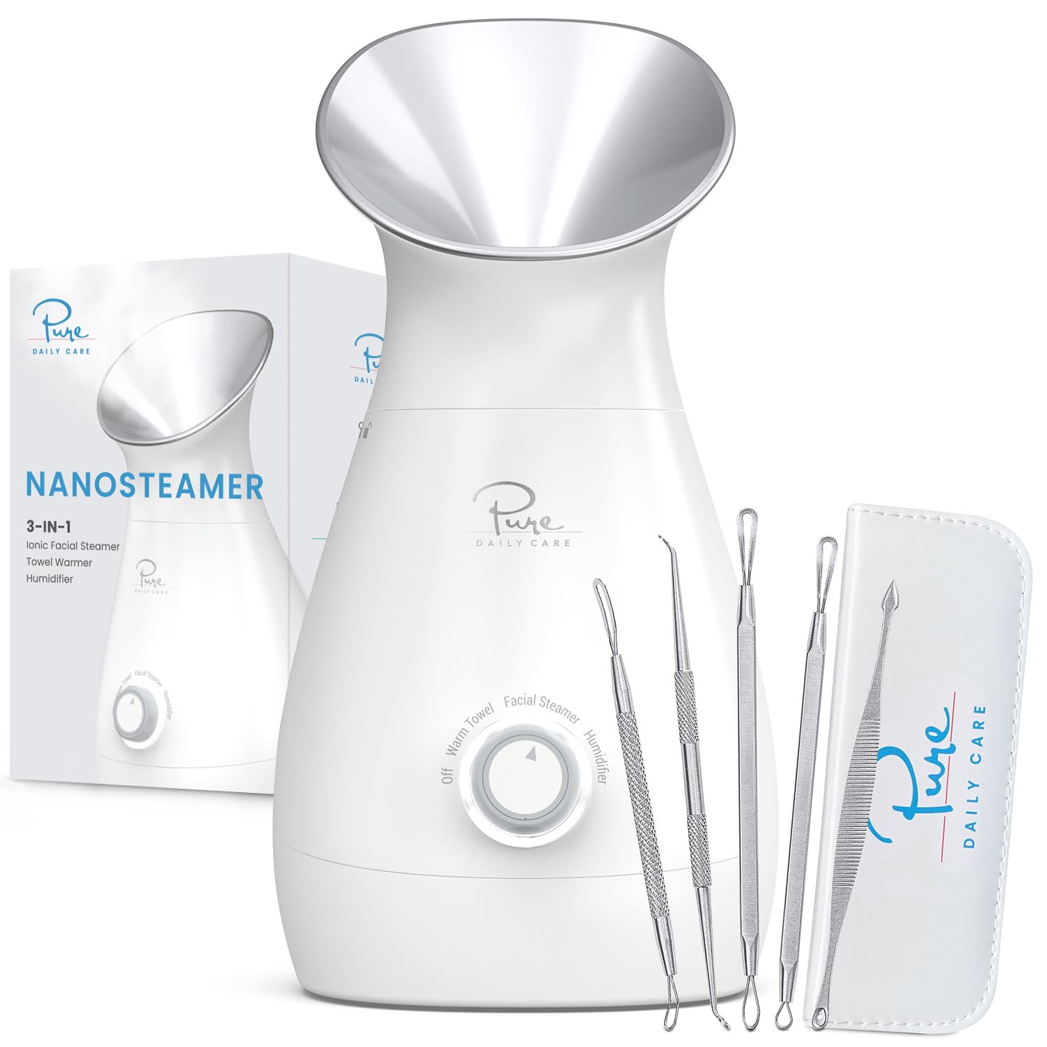 Pure Daily Care nanosteamer vista frontal y diseño elegante, facilita rutinas faciales