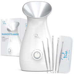 Pure Daily Care nanosteamer vista frontal y diseño elegante, facilita rutinas faciales