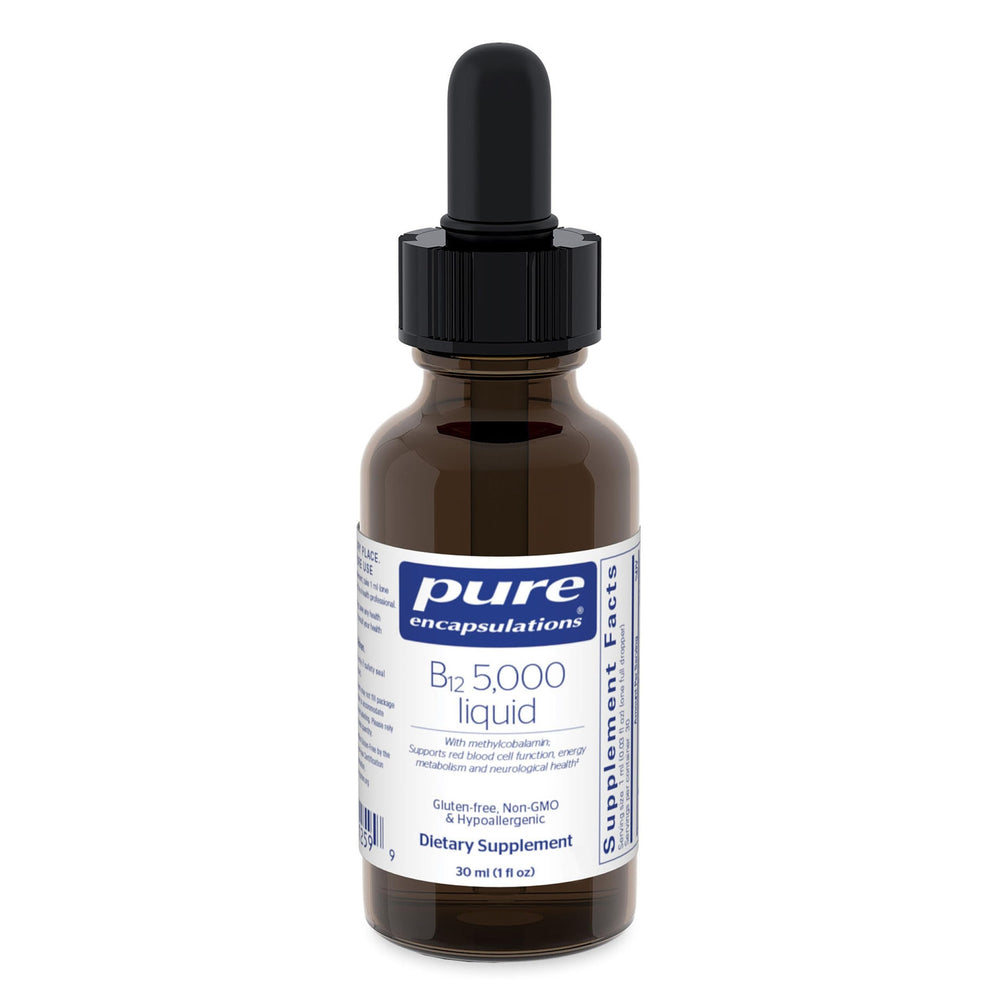 Pure Encapsulations frasco B12 frente mostrando el envase y la concentración 5,000 mcg