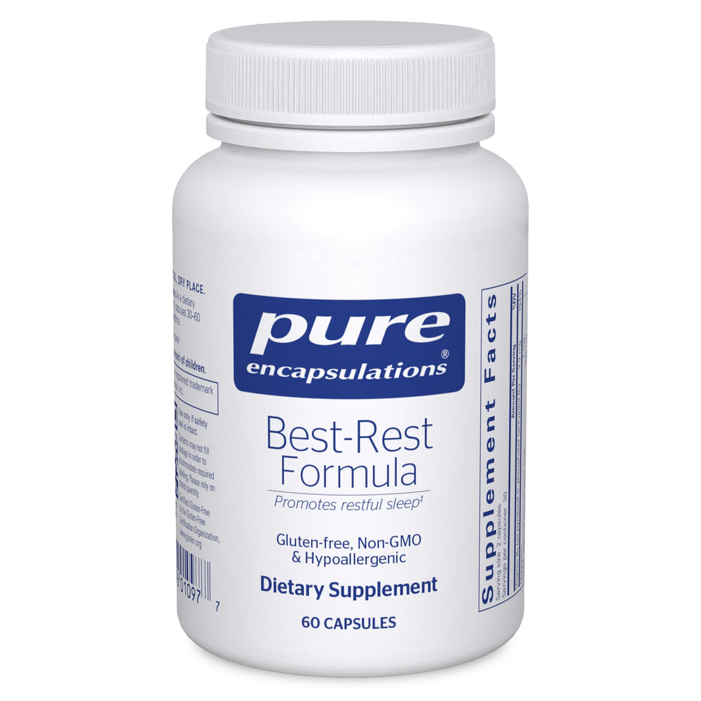 Pure Encapsulations Best‑Rest Formula frasco frontal mostrando 60 cápsulas, claridad en ingredientes